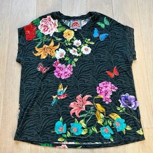Johnny Was Blooming Breeze T-Shirt Women Large Black Floral Butterfly Viscose